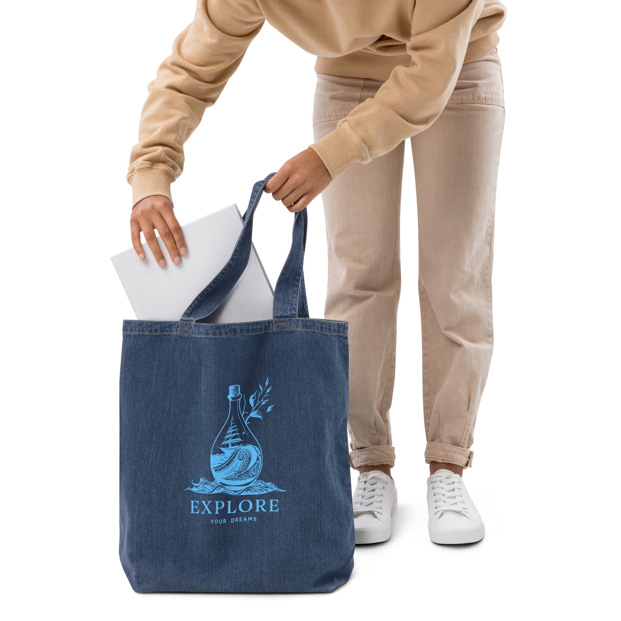 Explore Dreams Organic Cotton Eco Denim Tote 100% certified organic cotton Denim Large Baby Tote Bag100% Cotton Eco Denim Tote BagCotton Blue Jean Eco Tote - PUBLIQTEE