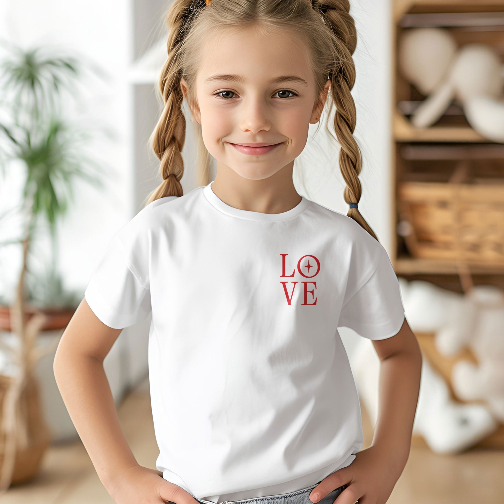 Love and Hearts classic white kid/youth eco tee by PubliqTee. The colors are red over a white eco-friendly t-shirt. The design features the word “LOVE” in the form of a square on the front with LO stacked over VE, where ones Heart is. On the back is flower-like hearts that seem to grow towards the sunlight. This photo shows the front on a girl youth.